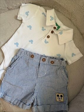 Disney Baby White Polo Baby Set with Light Blue Mickey Prints